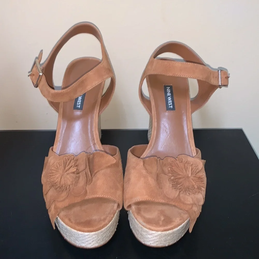 Nine West Winflower Chunky Block Heel Strappy Sandals Brown Leather - Picture 6 of 14